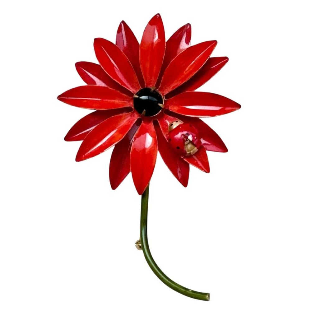 Vintage Original By Robert Red Enamel Flower Green Stem Lady Bug Pin Brooch